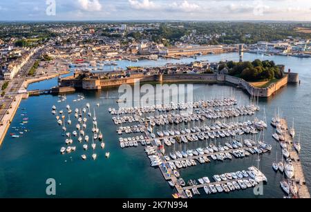 Aerial view of the Ville Close, the medieval walled Old town of Concarneau and yacht port, Brittany, France Stock Photo