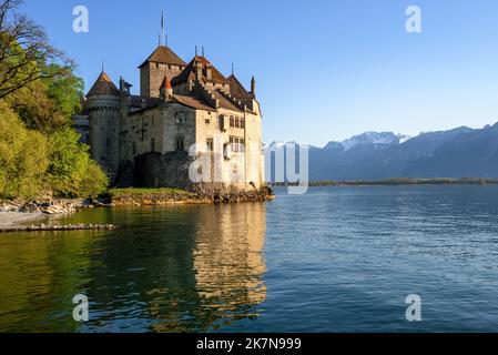 Historical Chillon castle on Lake Geneva in the swiss Alps mountains, Montreux, Switzerland Stock Photo