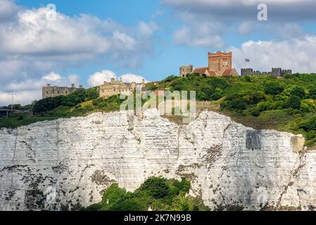 Medieval Dover castle, Kent, England. Dover Castle stays on white cliffs and is one of the largest castles in England. Stock Photo