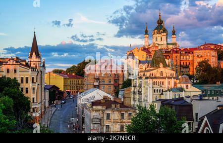 Kiev, Ukraine - 08 July 2018: St Andrew's Church on historical Andrew's Descent street is one of the most prominent landmarks in historical Old Town c Stock Photo