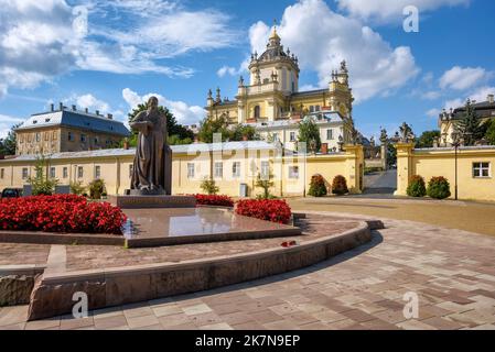 The statue of 'Metropolitan Andrey' in front of St George's Cathedral in Lviv, Ukraine, the main cathedral of the Ukrainian Greek Catholic Church and Stock Photo