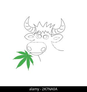 Vector image of a cow's head with horns and a cannabis leaf in its mouth. Flat vector illustration. Stock Vector