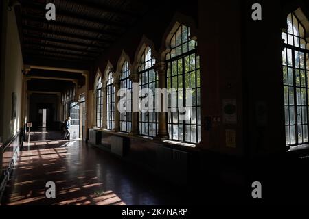 Bucharest, Romania - October 18, 2022: Details with the interior of Scoala Centrala National College (high school) in Bucharest. Romanian Revival arch Stock Photo