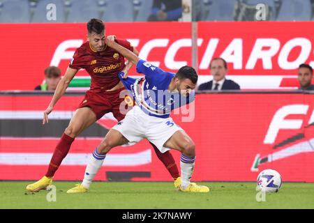 Genoa, Italy. 17th Oct, 2022. Mehdi Leris of UC Sampdoria clashes with Stephan El Shaarawy of AS Roma during the Serie A match at Luigi Ferraris, Genoa. Picture credit should read: Jonathan Moscrop/Sportimage Credit: Sportimage/Alamy Live News Stock Photo