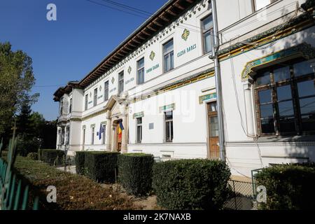 Bucharest, Romania - October 18, 2022: Details with the exterior of Scoala Centrala National College (high school) in Bucharest. Romanian Revival arch Stock Photo