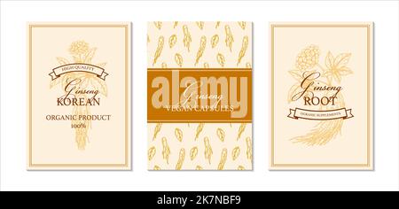 Set of hand drawn ginseng packaging designs. Botanical vector illustration in sketch style Stock Vector