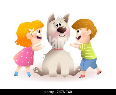 Happy kids Boy and Girl Playing Hugging Dog Stock Vector