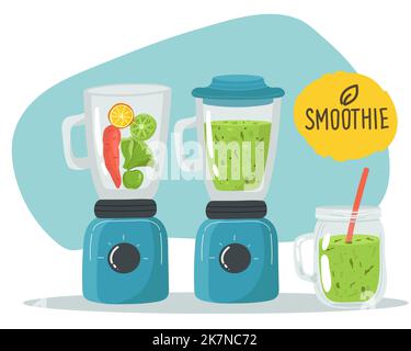Smoothie in blender or mixer. Shaking, mixing detox healthy fruit juice smoothies. Green veg nutrition. Vegetables mix. Kitchen electric shaker machin Stock Vector