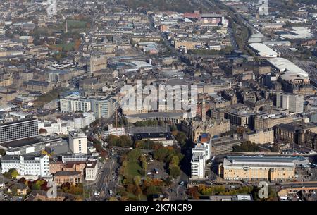 aerial view of Bradford city centre from the south with Centenary Square, Courthouse & Town Hall prominent mid-foreground, Bradford, West Yorkshire Stock Photo