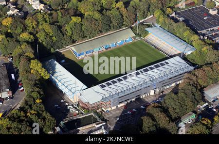 Aerial view of The Shay Stadium in Halifax, West Yorkshire. Home of Halifax Town FC and Halifax Rugby League Club. Stock Photo