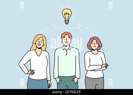 Burning light bulb over group of people standing together, colleagues like best solution of problem symbol. Brainstorming, teamwork. Businessman, businesswomen invent something. Vector illustration. Stock Vector