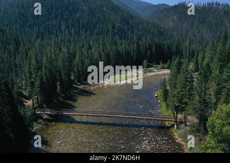 Aerial of Pack Bridge over the Lochsa River, gateway to Selway-Bitterroot Wilderness, Lowell, Idaho, USA Stock Photo