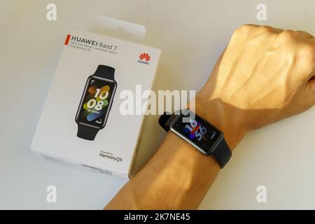 Tyumen, Russia-September 27, 2022: Huawei Band 7. Sports Tracker, smart watch Huawei Manufactured Stock Photo