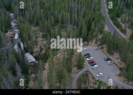 Aerial view of Provo River Falls and parking area, Mirror Lake Highway, Kamas, Utah, USA Stock Photo