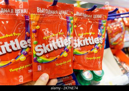 Tyumen, Russia-September 27, 2022: Skittles candies made by Wm. Wrigley Jr. Company. Sell in supermarket Stock Photo
