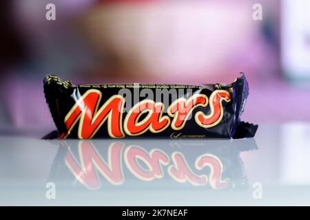 Tyumen, Russia-October 14, 2022: Close up of Mars candy chocolate bar made by Mars Inc. Selective focus Stock Photo