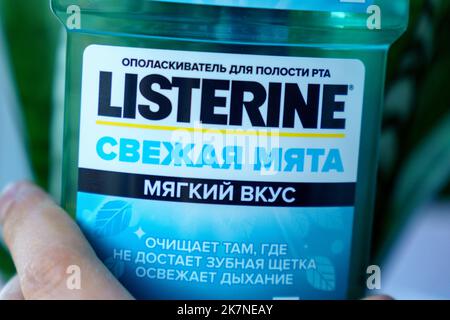 Tyumen, Russia-October 14, 2022: Listerine logo blue is an American brand of antiseptic mouthwash. Stock Photo
