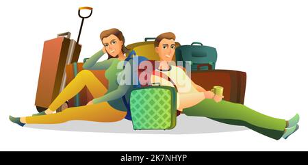 Tourists with backpacks and suitcases. Boy and girl or husband and wife. Family travel. Sit and wait happily. Fun person cartoon style. Isolated on wh Stock Vector