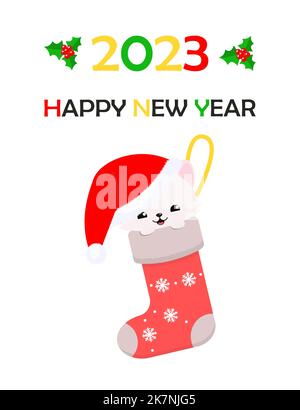 Cute cat in Christmas hat sits in Christmas stocking Stock Vector