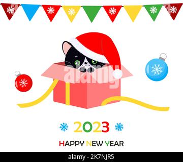 Cute black cat in Christmas hat in gift box Stock Vector