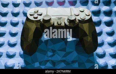 Black game console on blue textured background. Vector illustration in low poly art. Stock Vector
