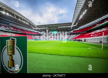 Leipzig, Germany. 18th Oct, 2022. Soccer: DFB Cup, 2nd round, RB Leipzig - Hamburger SV at the Red Bull Arena. View of the stadium prepared for the DFB Cup. Credit: Jan Woitas/dpa - Nutzung nur nach schriftlicher Vereinbarung mit der dpa/Alamy Live News Stock Photo