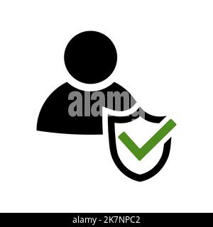 Man and shield security symbol. Protection icon in flat. User profile security sign. User with shield symbol. Mark approved icon. Guard shield icon wi Stock Vector