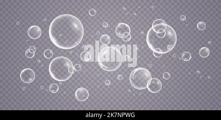 A set of colorful and colorful soap bubbles to create a design. Isolated, transparent, realistic soap bubbles on a transparent background. Stock Vector