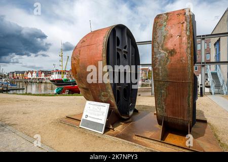 Ship's bow of a ro-ro ship MV Godewind, an exhibit of the Nordfriesland Maritime Museum at the inland port in Husum Stock Photo