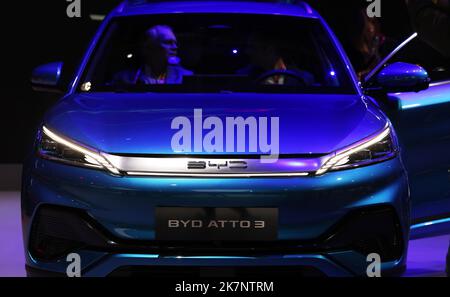 Paris, France. 17th Oct, 2022. People visit the BYD stand during the Paris Motor Show in Paris, France, Oct. 17, 2022. The 89th Paris Motor Show is held here from Oct. 17 to 23. Credit: Gao Jing/Xinhua/Alamy Live News Stock Photo