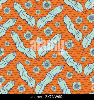 Surreal vector abstract tropical botanical leaves and flowers. Seamless hand drawn pattern background chevron design. Diagonal leaf and floral heads Stock Vector