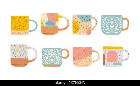 Collection of different modern cups decorated with design elements vector flat illustration Stock Vector