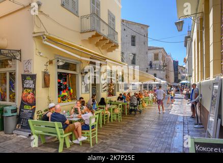 Cafe / taverna on a street in the old town centre, Nafplio (Nafplion), Peloponnese, Greece Stock Photo