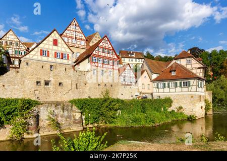 Schwäbisch Hall half-timbered houses from the middle ages town city at river Kocher in Germany Stock Photo