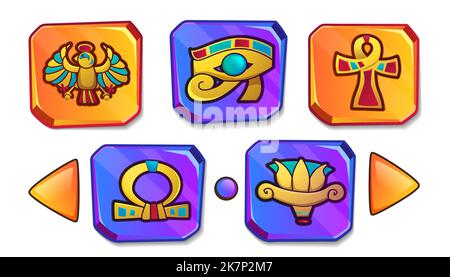 Cartoon stone board with egyptian culture religious symbol. Ancient Egypt icons for game user interface. Vintage objects of scarab, eye of horus, scarab, ankh cross, lotus, sun god. Protective amulet. Stock Vector