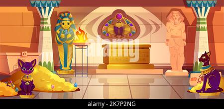 Cartoon Egypt tomb with pharaoh sarcophagus, old stone pillar, gold pile of jewelry and treasure, chest. Ancient temple interior with bastet sculpture, scarab on wall and hieroglyphs. Pyramid inside. Stock Vector