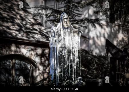 Ragged ghost decorating neighborhood for Halloween -hanging from tree - dark gothic feel - almost monotone Stock Photo