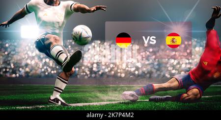 Guilherand-Granges, France - October 18, 2022. Football soccer players slide tackle for possession of the ball. Germany vs Spain. 3D rendering. Stock Photo