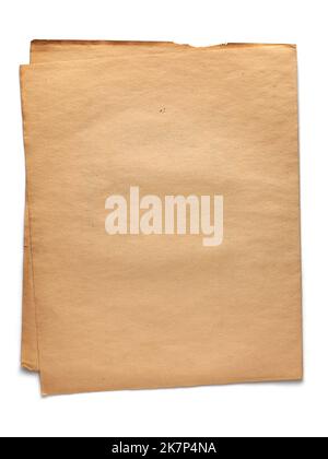 old grunge folded paper background, blank vintage discolored paper surface with damaged edges isolated on white background Stock Photo