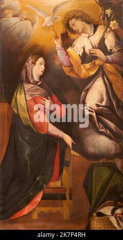 BELLANO, ITALY - JULY 20, 2022: The painting of Annunciation in the church Chiesa dei santi Nazareo e Celso by unknown artist of 17. cent. Stock Photo