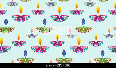 Seamless Diwali Festival of Lights India Celebration colorful pattern texture. Graphic banner template design of Indian flower Diya Oil Lamps, Modern Stock Vector