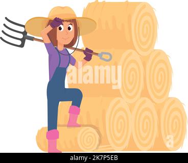 Female farmer with pitchfork stacked hay. Cartoon farm work icon Stock Vector