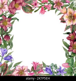 Watercolor romantic frame with hearts and flowers on a white background. For create Valentine's day, birthday, mother's day, wedding cards. Template f Stock Photo
