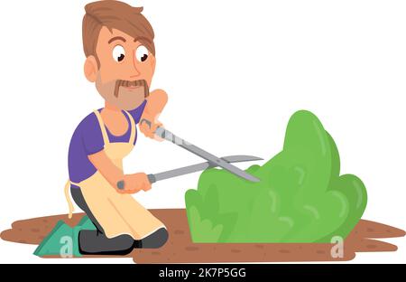 Gardener trimming green bush. Cartoon farmer with scissors Stock Vector