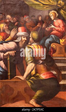 BELLANO, ITALY - JULY 20, 2022: The painting Twelve old Jesus in the Temple in the church Chiesa dei santi Nazareo e Celso by unknown artist Stock Photo