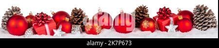 Christmas decoration with balls baubles gift present ornaments deco banner isolated on white Stock Photo