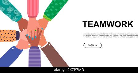 Teamwork. Hands together horizontal banner. Multi-ethnic hands together. Human arms with accessories. Community, partnership, friendship concept. Stock Vector