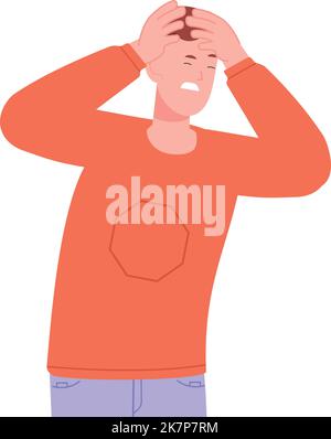 Headache suffering man. Migraine symptom. Head pain isolated on white background Stock Vector