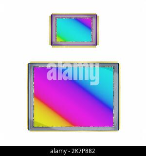 200 megapixel digital camera sensor compared to smaller previous generation sensor, top view isoloated on white, 3D rendering, huge modern digital Stock Photo