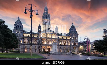 Glasgow City Chambers and George Square at dramatic sunset, Scotland - UK Stock Photo